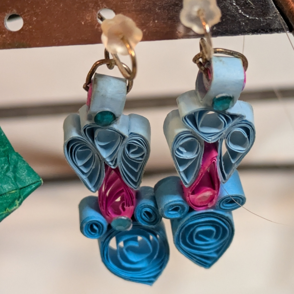 Handmade Blue Pink Paper Quilling Earrings Summer Spring Jewelry